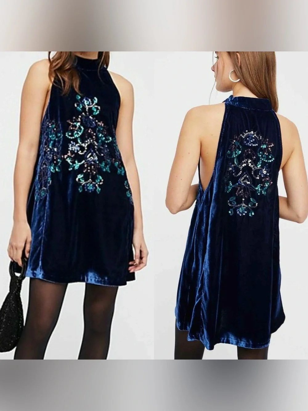 Free People Jills blue velvet sequin halter swing mini dress L